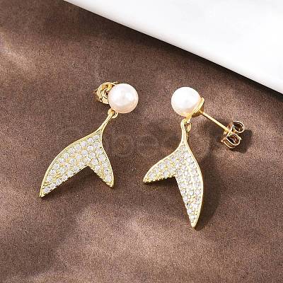 Fishtail Brass Micro Pave Clear Cubic Zirconia Dangle Stud Earrings EJEW-C172-06G-1