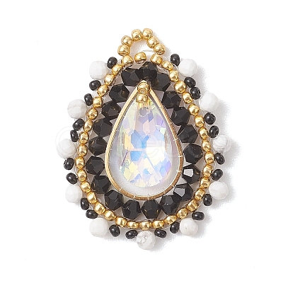 Natural Howlite Faceted Round and Glass Seed Beaded Pendants PALLOY-MZ01218-01-1