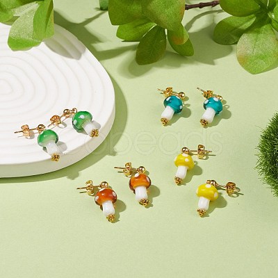 Handmade Lampwork Mushroom Dangle Stud Earrings EJEW-JE04928-1