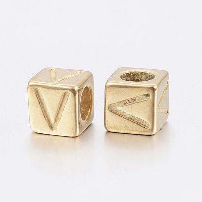 304 Stainless Steel Large Hole Letter European Beads X-STAS-H428-01G-V-1