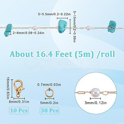 5M Synthetic Turquoise Chips & ABS Plastic Imitation Pearl Beaded Chains & 1Pc Plastic Empty Spools for Wire & 10Pcs & 30Pcs Long-Lasting Plated Brass Open Jump Rings DIY-SC0028-26-1