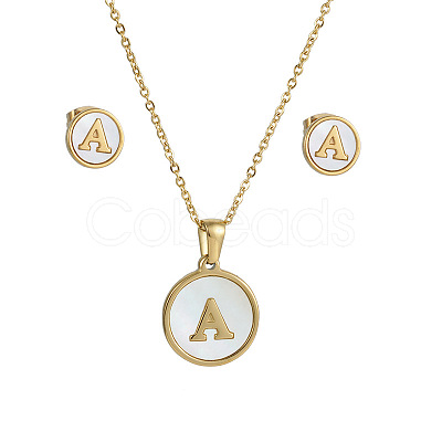 304 Stainless Steel with Natural Shell Pendant Necklaces & Stud Earrings Sets FS-WG5FD70-01-1