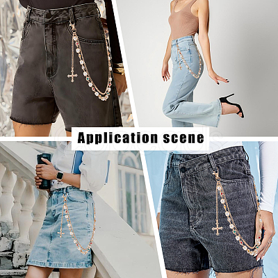 1Pc Alloy Colorful Rhinestone Flower & Plastic Pearl Link Chain Double Layer Pants Chains with Cross Charms AJEW-GF0012-75-1