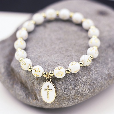 Plastic Round with Cross Beaded Stretch Bracelets PW-WG8803D-01-1