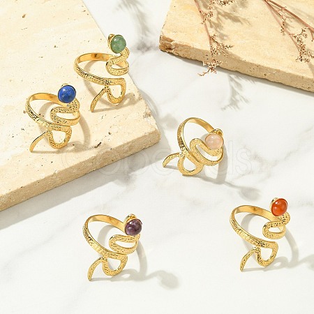 Natural Gemstone Snake 304 Stainless Steel Cuff Open Rings for Women RJEW-JR01068-1