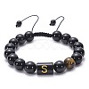 10MM Natural Black Onyx(Dyed & Heated) and Tiger Eye Alphabet Round Braided Bead Adjustable Bracelets for Women DM6424-19-1