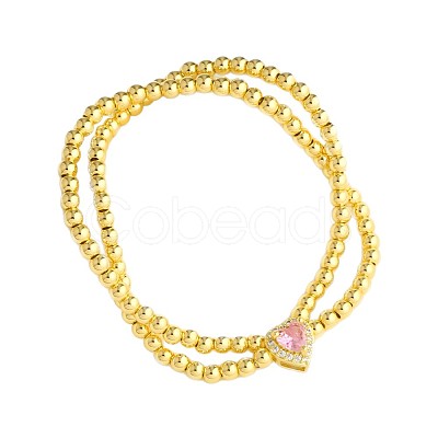 Brass Pave Cubic Zirconia Heart Round Beaded Stretch 2-Strand Bracelets for Women WG63F7B-01-1