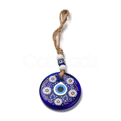 Flat Round with Evil Eye Lampwork Pendant Decoration HJEW-Z005-01I-1