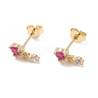 Deep Pink Cubic Zirconia Flat Round Dangle Stud Earrings EJEW-C029-03G-1