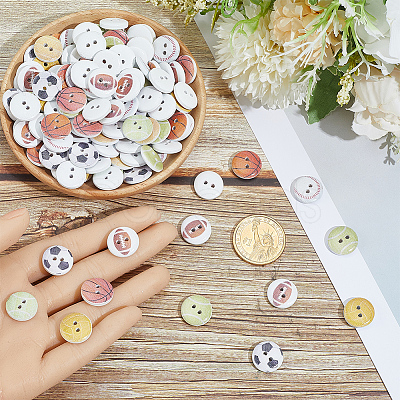 2 Bags 2-Hole Printed Wooden Buttons BUTT-SP0001-21-1