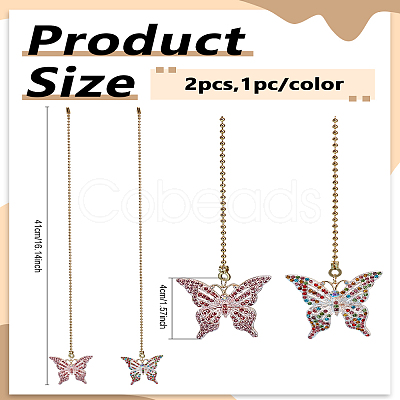 2Pcs 2 Styles Butterfly Alloy Rhinestone Charms Ceiling Fan Pull Chain Extenders HJEW-LP00014-1
