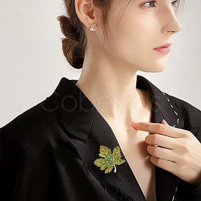Autumn Maple Leaf Light Gold Alloy Rhinestone Brooch Pins JEWB-TADJ0001-01B-1