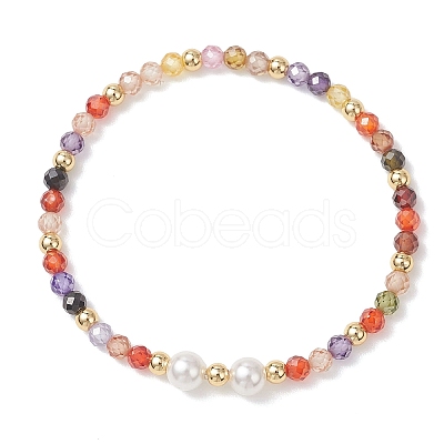 Cubic Zirconia & Shell Pearl Round Beaded Stretch Bracelets for Women BJEW-JB13280-01-1