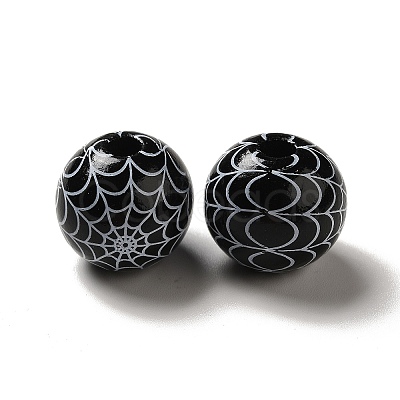 Halloween Printed Spider Webs Colored Wood European Beads WOOD-K007-04C-1