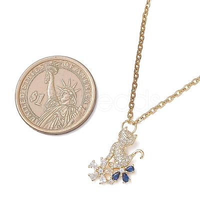 Cat with Flower Brass Pave Blue and Clear Cubic Zirconia Pendant 304 Stainless Steel Cable Chain Necklaces for Women NJEW-JN05715-1