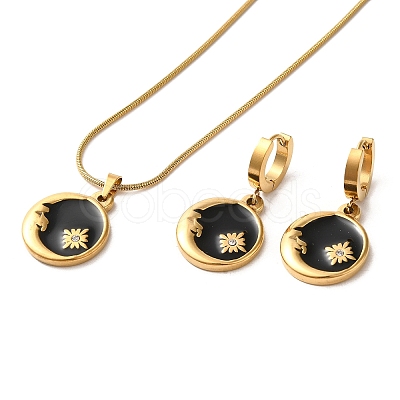 Ion Plating(IP) Moon & Flower Golden 304 Stainless Steel Jewelry Set with Enamel SJEW-H306-02G-02-1