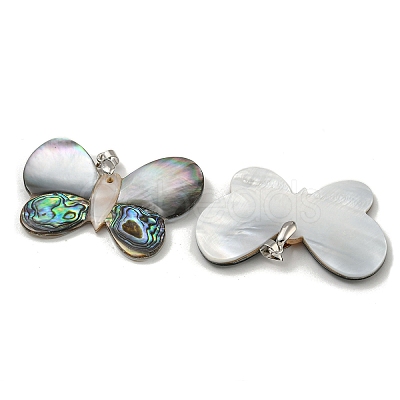 Rack Plating Brass Pave Natural Paua Shell & White Shell Pendants KK-U025-12P-10-1