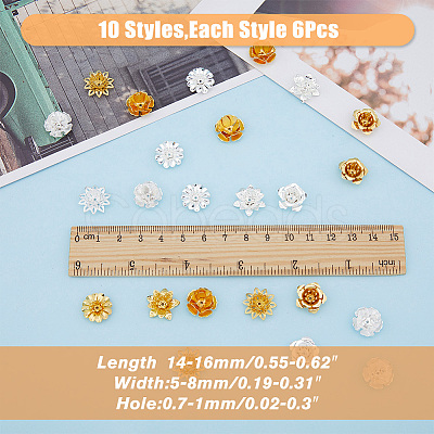 60Pcs 10 Style 3D Brass Bead Caps KK-FH0006-47-1