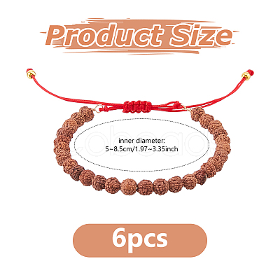 6Pcs Round Natural Rudraksha Beaded Braided Bead Bracelets BJEW-DC00021-1