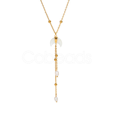 Nutural White Shell Moon Pendant 304 Stainless Steel Chain Necklaces with Natural Freshwater Pearl Tassel GK3371-1
