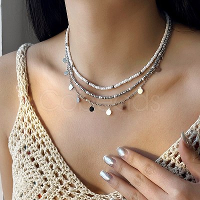 Summer Beach Alloy Coin Tassel Glass Seed Beaded 3 Layer Necklaces for Women FS-WGF3BD7-04-1