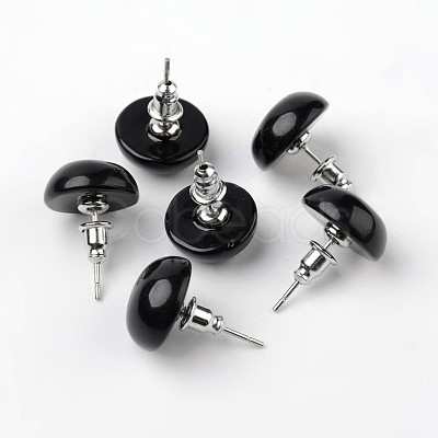 Half Round Dome Natural Dyed & Heated Black Agate Stud Earrings EJEW-L171-07-1