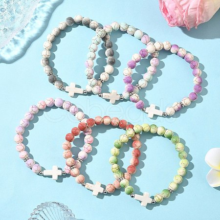 6Pcs 6 Colors Baking Paint Synthetic Turquoise Round & Cross Beads Stretch Bracelets for Men Women BJEW-JB12339-1