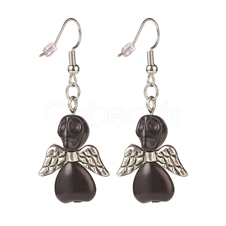 Synthetic Turquoise Skull with Wings Dangle Earrings EJEW-JE04944-03-1
