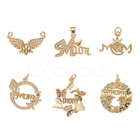 6 Pcs 6 Styles Brass Micro Pave Cubic Zirconia Charms KK-SZ0001-31G-1