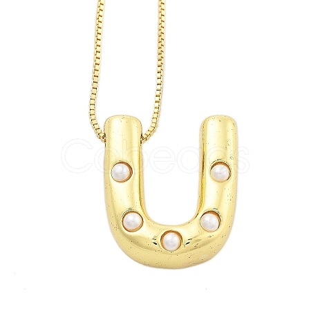 Brass & Plastic Pearl Letter Pendant Box Chain Necklaces for Women NJEW-U017-01G-21-1