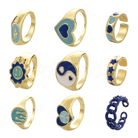 9Pcs 9 Style Alloy Enamel Signet Finger Rings and Cuff Rings Set RJEW-LS0001-58-1