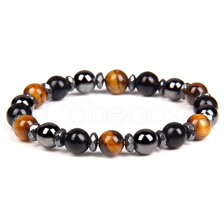Non-magnetic Synthetic Hematite and Natural Tiger Eye Beaded Stretch Bracelets for Men PW-WG779D8-02-1