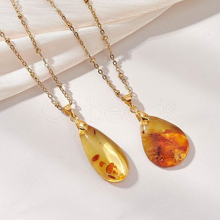 Natural Amber Teardrop Pendant 304 Stainless Steel Satellite Chain Necklaces NJEW-JN05983-01-1