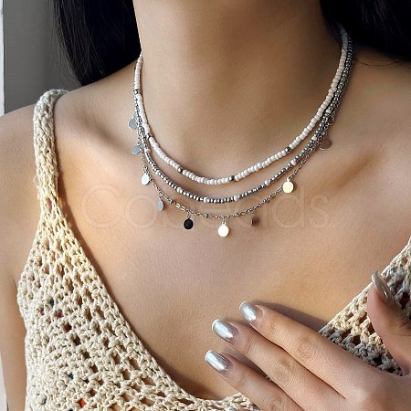 Summer Beach Alloy Coin Tassel Glass Seed Beaded 3 Layer Necklaces for Women FS-WGF3BD7-04-1