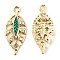 Zinc Alloy Pendants, with Enamel and Rhinestone, Golden, Hollow, Leaf Charm, Green, 24.5x10.5x2.2mm, Hole: 1.8mm