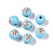 Wood European Beads, Round with Dog Pattern, Light Sky Blue, 16x15mm, Hole: 4.5mm