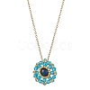 Dyed Natural Blue Tiger Eye & Glass Seed Beaded Flat Round Pendant 304 Stainless Steel Cable Chain Necklaces NJEW-MZ00129-06-2