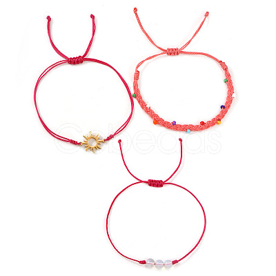 3Pcs 3 Styles Round Natural Gemstone & Glass Seed Beads Braided Bracelets & Stainless Steel Link Bracelets Set XI5712-1-1