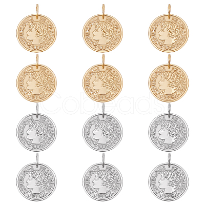 12Pcs 2 Colors 304 Stainless Steel Coin Pendants STAS-UN0064-48-1