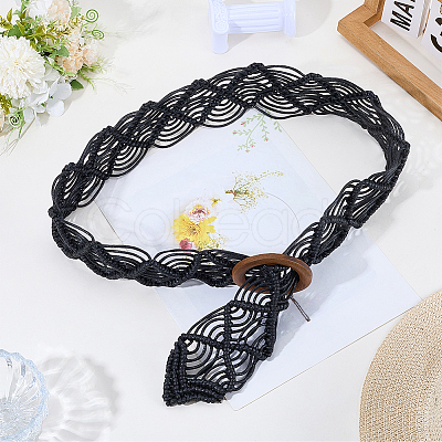 Cloth Woven Rhombus with Wood Chain Belts for Women AJEW-WH20019-125C-1