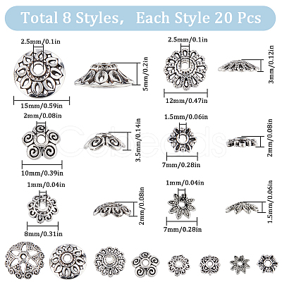 SUNNYCLUE 160Pcs 8 Style Tibetan Style Alloy Flower Bead Caps FIND-SC0008-74-1