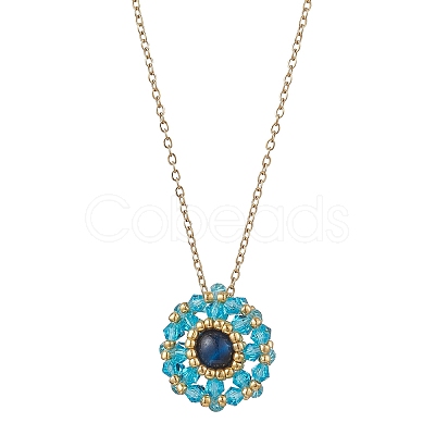 Dyed Natural Blue Tiger Eye & Glass Seed Beaded Flat Round Pendant 304 Stainless Steel Cable Chain Necklaces NJEW-MZ00129-06-1