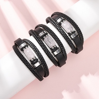 Natural Rose Quartz & Braided Microfiber Leather Multi-strand Bracelets for Women Men GG-CBAEA55-01D-1
