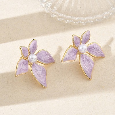 304 Stainless Steel Enamel & ABS Plastic Pearl Stud Earrings for Women SA-CBA2696-28G-02-1
