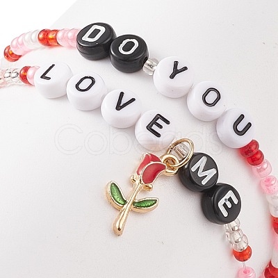 2Pcs 2 Style Word Do You Love Me Plastic Beaded Stretch Bracelets Set with Alloy Enamel Rose Charms BJEW-JB08700-1