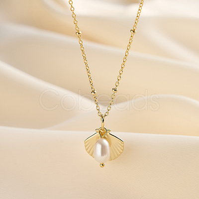 Summer Beach 925 Sterling Silver with Rice Natural Freshwater Pearl Shell Shaped Pendant Necklaces for Women NJEW-M097-01G-1