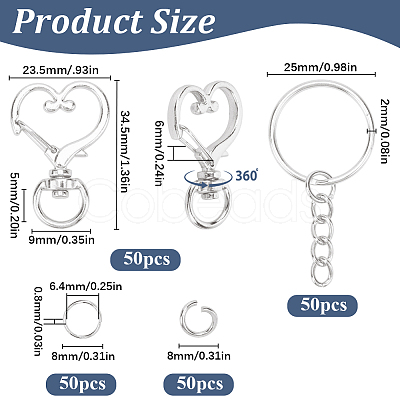 150Pcs 3 Styles Heart Shape Zinc Alloy Swivel Lobster Clasp with Iron Split Key Rings with 304 Stainless Steel Jump Rings FIND-SP0002-59P-1