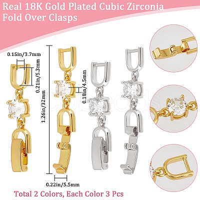 6 Pcs 2 Colors Extender Clasps Brass Micro Pave Cubic Zirconia Fold Over Extension Clasps FIND-BBC003-55A-1