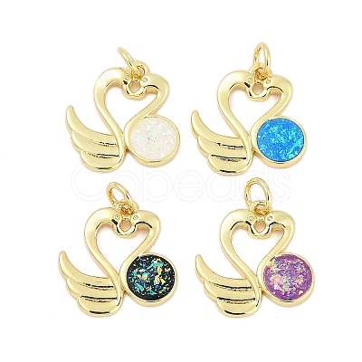 Brass Pave Synthetic Opal Swan Pendants KK-I723-07G-1