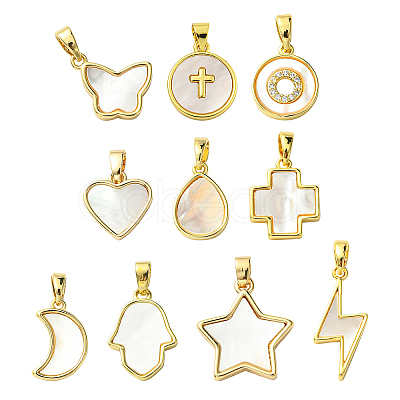 10Pcs 10 Styles Brass Pave Natural White Shell Pendants KK-CJ0002-56-1